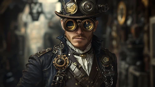 Steampunk-dressed man wearing mechanical goggles and hat.