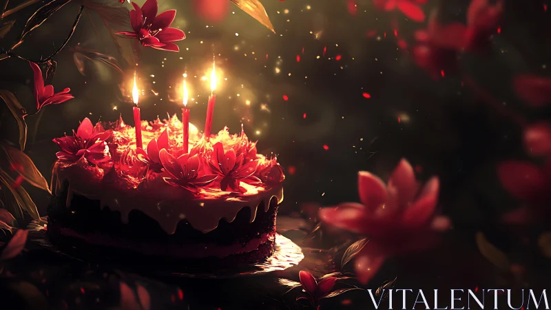 Luminescent Birthday Cake With Burning Candles and Red Flowers.