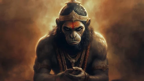 Mythic simian warrior deity in ornate crown, frontal pose