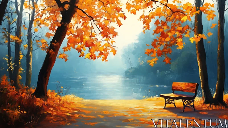 Golden autumn bench beside a tranquil, misty lakeshore.