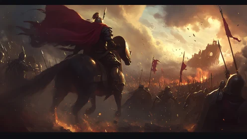 Armored cavalry leader drives medieval army toward burning castle