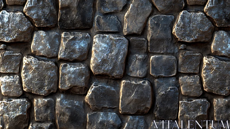 Weatherworn stonewall gleaming with rugged metallic light.