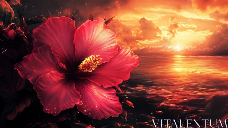 Crimson hibiscus glowing beside a molten sunset sea.