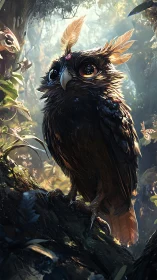 Enchanted forest owl with jeweled crest and golden rimlight.