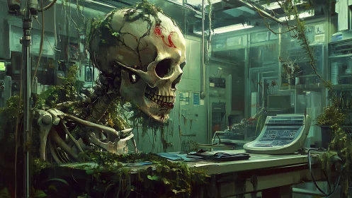 Human skeleton occupies overgrown laboratory workstation interior