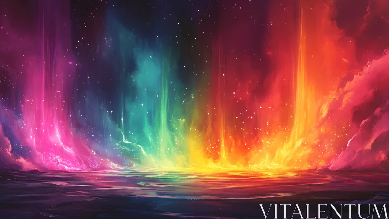 Multicolored aurora over reflective water under starry sky.