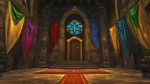 Stone hall interior shows central wooden door and banners