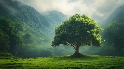 Solitary deciduous tree on misted valley floor in soft daylight