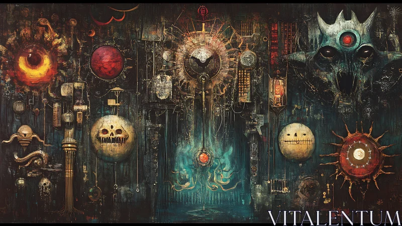 Clockwork occult mural of glowing orbs and eerie faces.