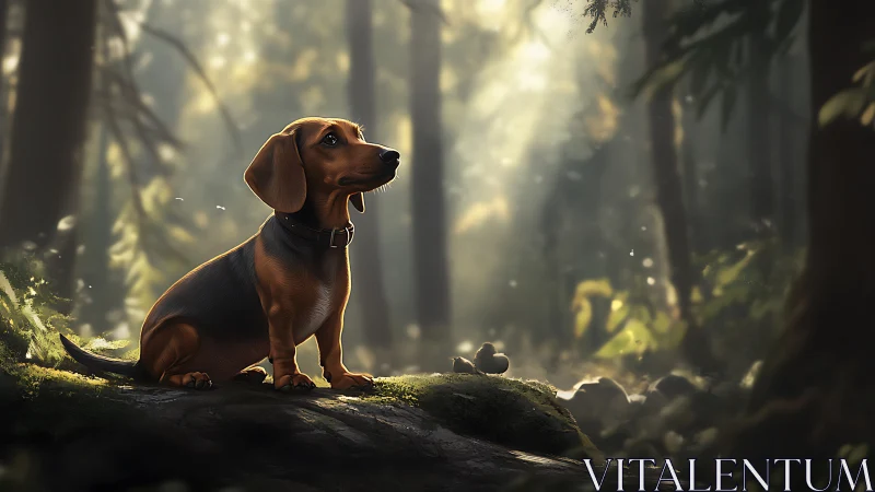 Curious little dachshund pauses softly in a sunlit forest