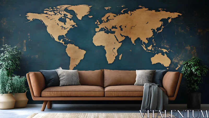 Modern leather sofa under textured gold world map mural.