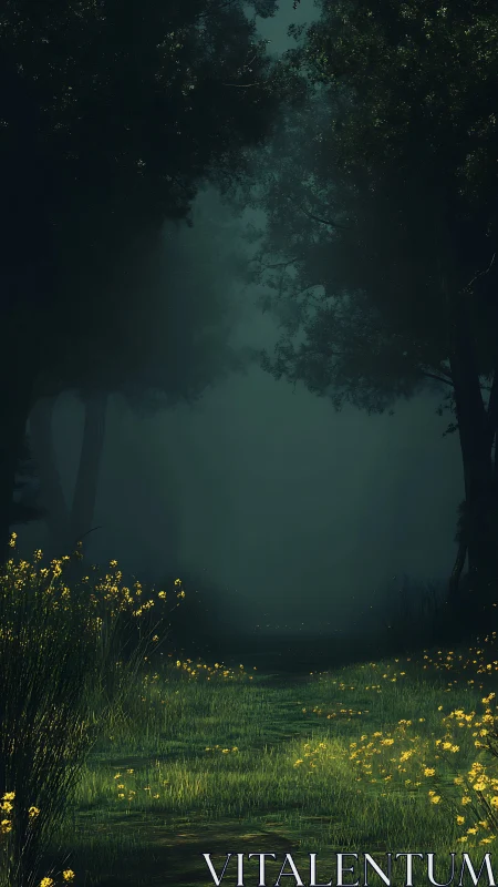 Misty Forest Path with Yellow Wildflowers