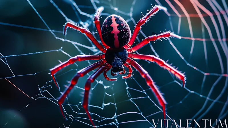 Red striped spider clings to dewy web in cool bokeh light.