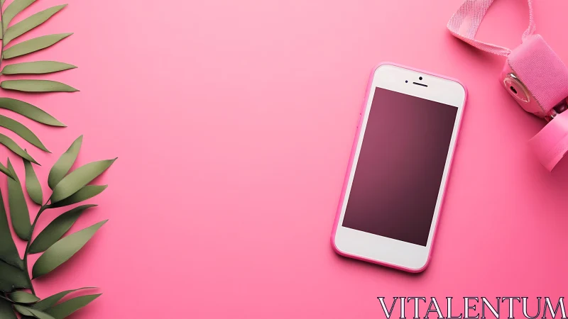 White smartphone and pink headphones on bright pink background with plant foliage
