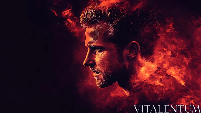 Male side profile in red-toned digital flame composition.