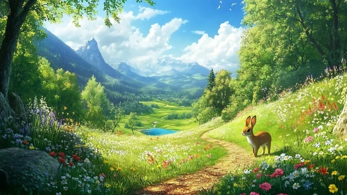 Cartoon rabbit stands on a flowered path in alpine valley