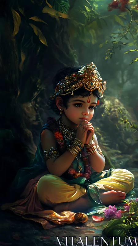 Divine child in jeweled regalia under volumetric forest light.