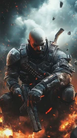 Armored cyber-soldier in infernal battlefield composition.