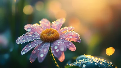 Pink Cosmos With Golden Center Covered In Dewdrops.