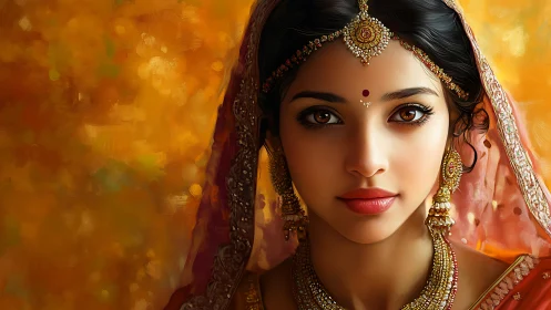 Indian bride portrait with golden bokeh background glow.