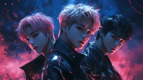 Neon lit trio of stylish rebels shares a bold electric gaze