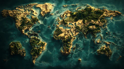 Cinematic 3D world map glows with lush forests and oceans