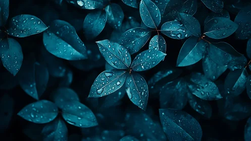 Teal foliage macro with raindrops on layered leaves.