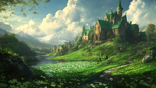 Stone castle complex stands above river and green valley