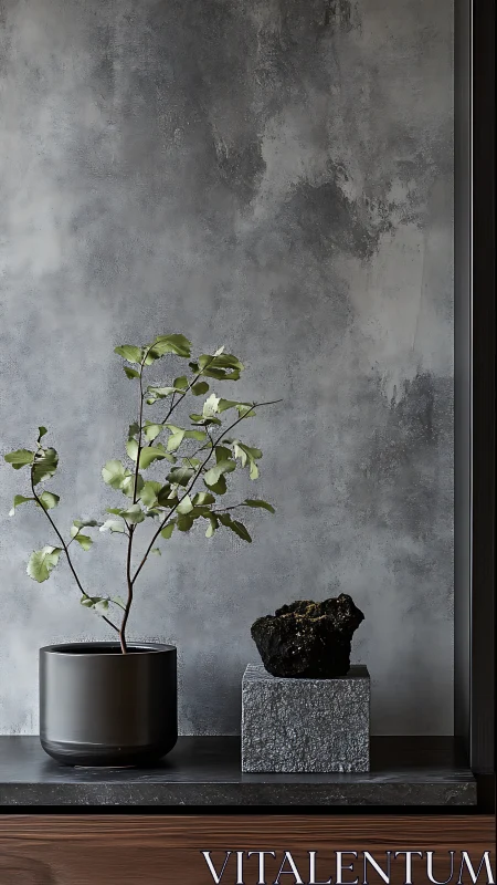 Minimalist potted plant and dark stone on textured grey wall