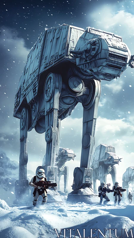 Colossal snow walkers stride through a frozen battlefront