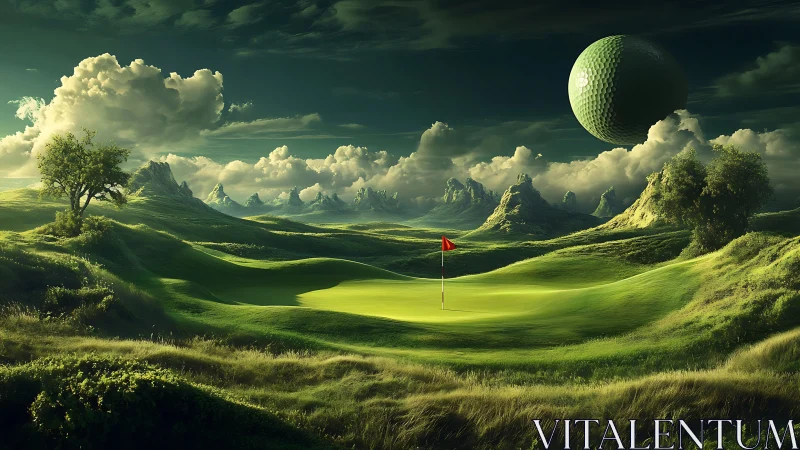 Colossal golf moon drifting above dreamlike emerald fairway.