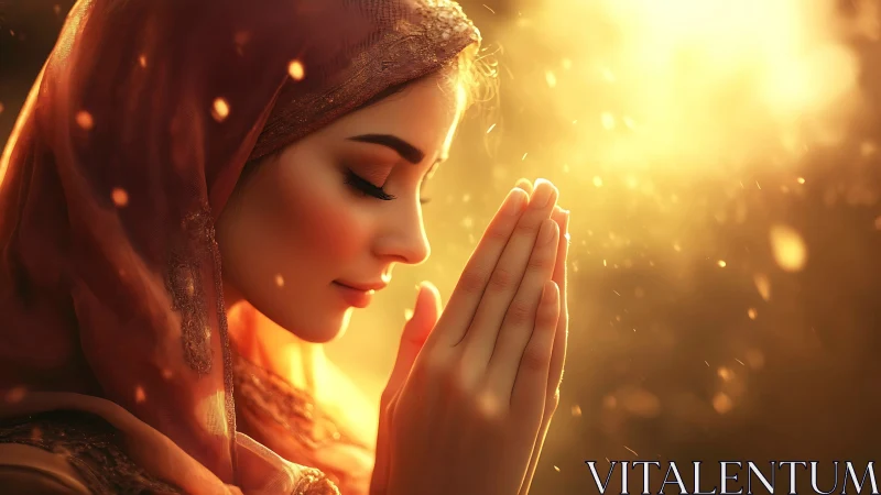 Serene woman praying at sunset in golden light, soft focus style.