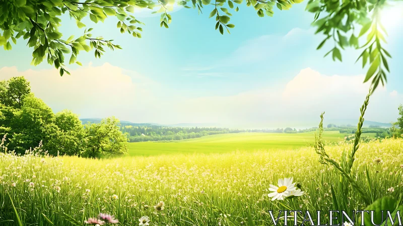 Sunlit wildflower meadow under clear summer sky.