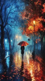 Evening stroll under a red umbrella in glowing city rain.