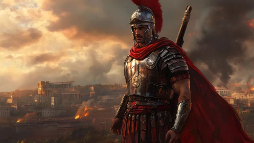 Roman warrior watching a city burn under stormy skies.