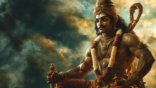 Mythic warrior deity under stormlit dramatic sky poised