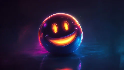 Neon smiley sphere glows in dark atmospheric space.