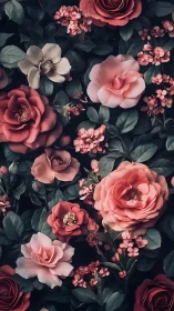 Layered roses and small cluster flowers arranged densely on dark foliage background