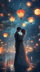 Lanternlit rain turns a quiet midnight embrace into fireworks