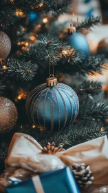 Midnight blue ornament on evergreen Christmas tree bokeh.