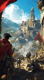 Armored soldiers advance on ruined hillside citadel.