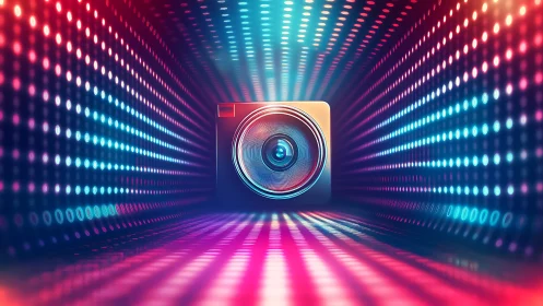 Glowing digital camera icon in a tunnel of neon lights.