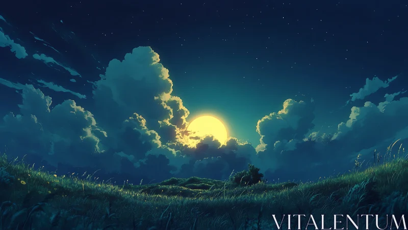 Moonlit meadow under towering night clouds at horizon.