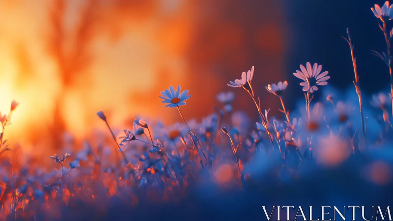 Wildflowers at Dawn: Soft Blue and Orange Light.