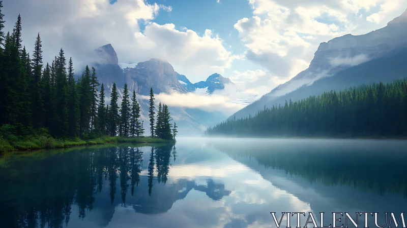 Symmetric alpine lake reflection under stratified morning mist.