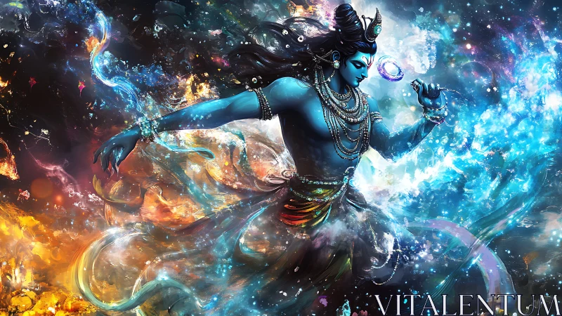 Cosmic blue dancer strides through swirling fire and starlight