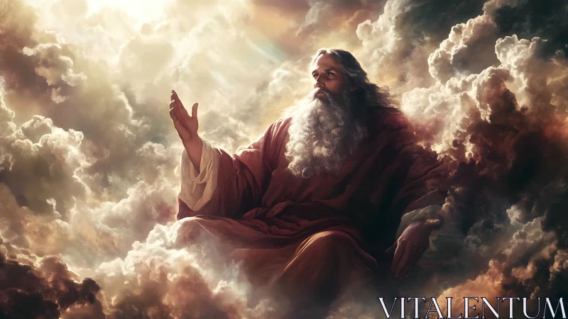 Majestic robed deity seated in radiant celestial clouds.