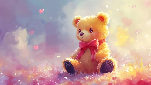 Digital illustration of teddy bear with bow in soft light.