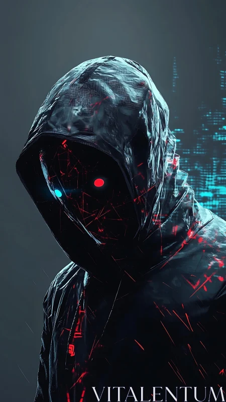 Cybernetic hooded figure with glowing eyes in dark void.