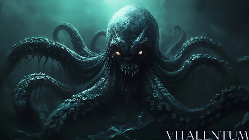 Menacing deep sea tentacled monster with glowing eyes.